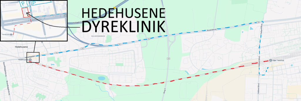 Der er ét stop med tog fra Høje-Taastrup station til Hedehusene station. Derfra 2 minutters gang til vores klinik på Hovedgaden 512A i Hedehusene. Det tager ca. 10 minutter i bil fra Høje-Taastrup centrum og vi har gratis parkering foran og bagved vores klinik