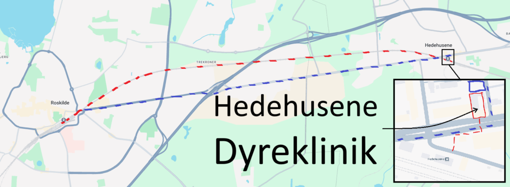 Der er to stop med tog fra Roskilde station til Hedehusene station. Derfra 2 minutters gang til vores klinik på Hovedgaden 512A i Hedehusene. Det tager ca. 10 minutter i bil fra Roskilde centrum og vi har gratis parkering foran og bagved vores klinik